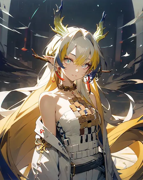 <lora:shu:0.7>,solo,1girl,long_hair,looking_at_viewer,pointy_ears,bare_shoulders,multicolored_hair,jewelry,horns,masterpiece,best quality,highres,absurdres,