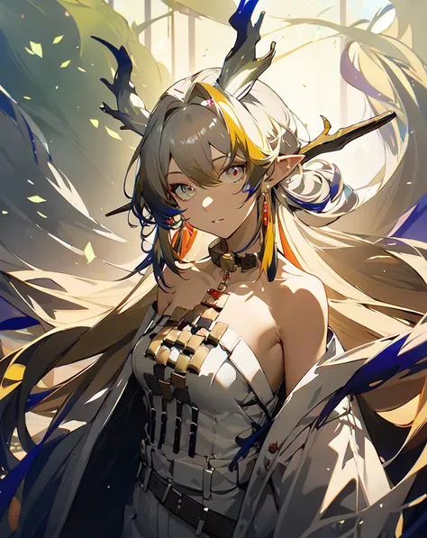 <lora:shu:0.7>,solo,1girl,long_hair,looking_at_viewer,pointy_ears,bare_shoulders,multicolored_hair,jewelry,horns,masterpiece,best quality,highres,absurdres,