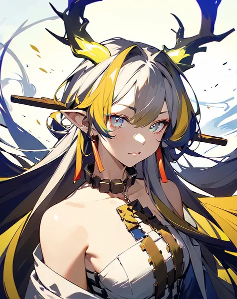 <lora:shu:0.7>,solo,1girl,long_hair,looking_at_viewer,pointy_ears,bare_shoulders,multicolored_hair,jewelry,horns,masterpiece,best quality,highres,absurdres,