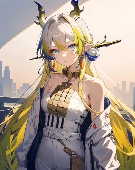 <lora:shu:0.7>,solo,1girl,long_hair,looking_at_viewer,pointy_ears,bare_shoulders,multicolored_hair,jewelry,horns,masterpiece,best quality,highres,absurdres,