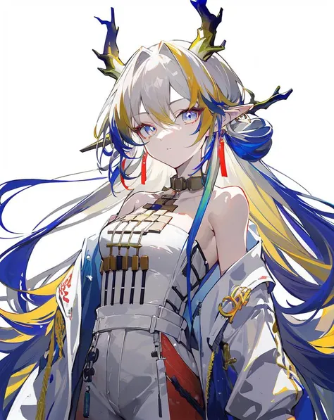 <lora:shu:0.7>,solo,1girl,long_hair,looking_at_viewer,pointy_ears,bare_shoulders,multicolored_hair,jewelry,horns,masterpiece,best quality,highres,absurdres,