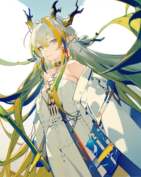 <lora:shu:0.7>,solo,1girl,long_hair,looking_at_viewer,pointy_ears,bare_shoulders,multicolored_hair,jewelry,horns,masterpiece,best quality,highres,absurdres,