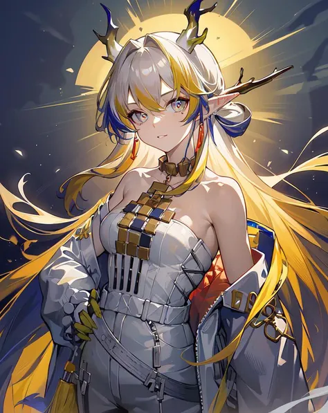 <lora:shu:0.7>,solo,1girl,long_hair,looking_at_viewer,pointy_ears,bare_shoulders,multicolored_hair,jewelry,horns,masterpiece,best quality,highres,absurdres,