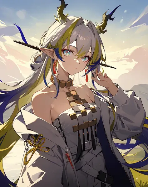 <lora:shu:0.7>,solo,1girl,long_hair,looking_at_viewer,pointy_ears,bare_shoulders,multicolored_hair,jewelry,horns,masterpiece,best quality,highres,absurdres,