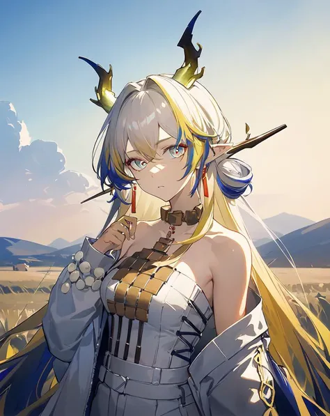 <lora:shu:0.7>,solo,1girl,long_hair,looking_at_viewer,pointy_ears,bare_shoulders,multicolored_hair,jewelry,horns,masterpiece,best quality,highres,absurdres,