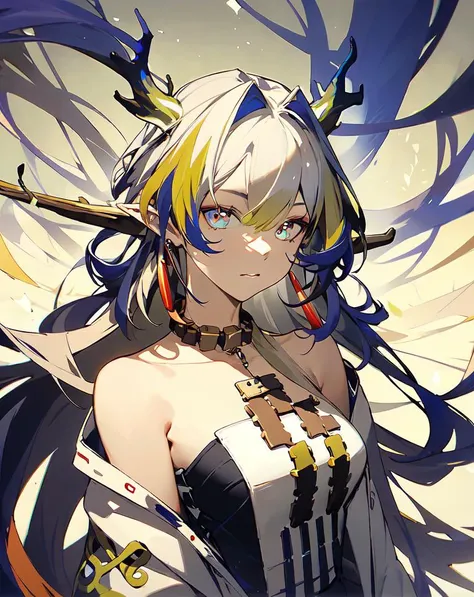 <lora:shu:0.7>,solo,1girl,long_hair,looking_at_viewer,pointy_ears,bare_shoulders,multicolored_hair,jewelry,horns,masterpiece,best quality,highres,absurdres,
