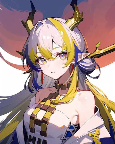 <lora:shu:0.7>,solo,1girl,long_hair,looking_at_viewer,pointy_ears,bare_shoulders,multicolored_hair,jewelry,horns,masterpiece,best quality,highres,absurdres,