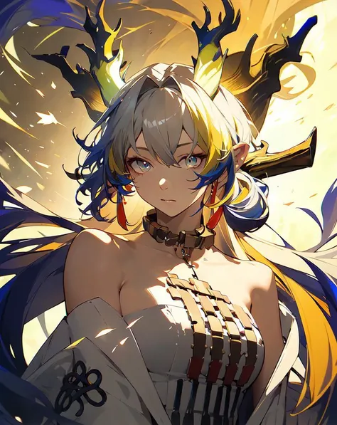 <lora:shu:0.7>,solo,1girl,long_hair,looking_at_viewer,pointy_ears,bare_shoulders,multicolored_hair,jewelry,horns,masterpiece,best quality,highres,absurdres,