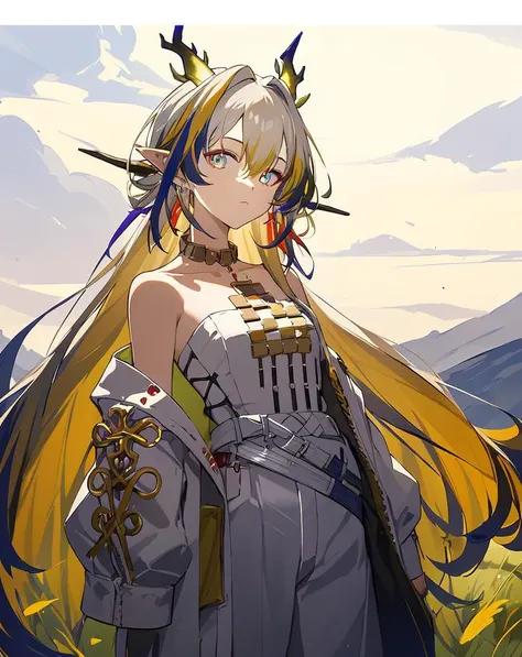 <lora:shu:0.7>,solo,1girl,long_hair,looking_at_viewer,pointy_ears,bare_shoulders,multicolored_hair,jewelry,horns,masterpiece,best quality,highres,absurdres,