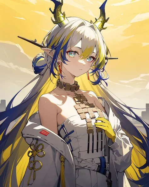 <lora:shu:0.7>,solo,1girl,long_hair,looking_at_viewer,pointy_ears,bare_shoulders,multicolored_hair,jewelry,horns,masterpiece,best quality,highres,absurdres,