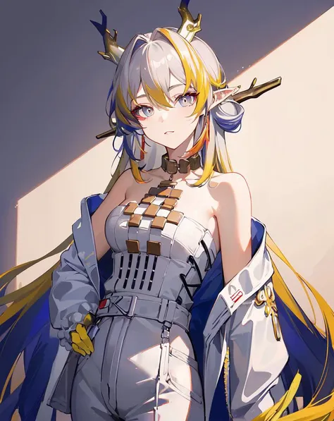 <lora:shu:0.7>,solo,1girl,long_hair,looking_at_viewer,pointy_ears,bare_shoulders,multicolored_hair,jewelry,horns,masterpiece,best quality,highres,absurdres,