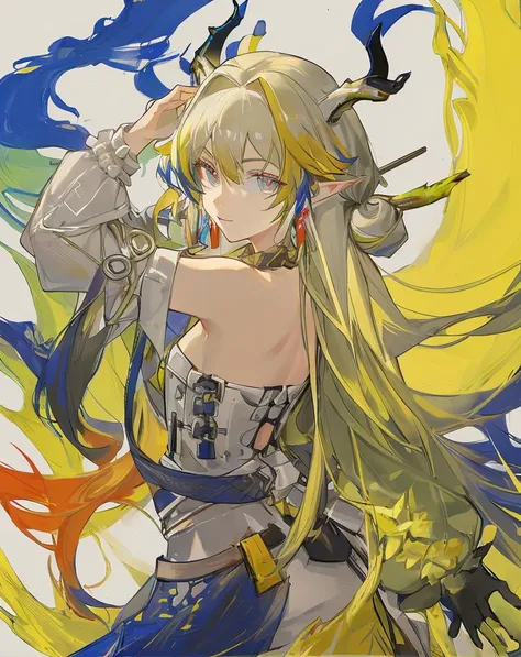 <lora:shu:0.7>,solo,1girl,long_hair,looking_at_viewer,pointy_ears,bare_shoulders,multicolored_hair,jewelry,horns,masterpiece,best quality,highres,absurdres,