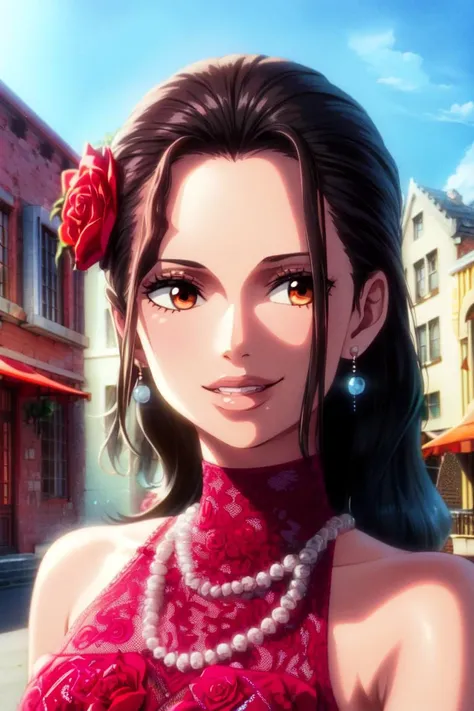 ultra realistic 8k cg, masterpiece, ((ultra detailed background, delicate pattern, intricate detail)), (highly detailed, fine details), best quality, (photorealistic:1.4),beautiful lighting,  absurdres, RAW photo, film grain, Viola, 1girl, black hair, smile, long hair, solo, flower, jewelry, earrings, hair ornament, hair flower, brown eyes, dress, smile, brown hair, necklace, bare shoulders, beautiful detailed lips, (slim girl, medium breasts), (complex detailed background, outside, old city, brick buildings, small town environment, nature),<lora:BeautifulDetailedEyes:0.4>,  <lora:DetailTweaker:0.5>,  <lora:Viola:0.8>