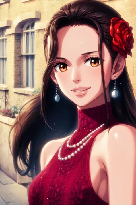 ultra realistic 8k cg, masterpiece, ((ultra detailed background, delicate pattern, intricate detail)), (highly detailed, fine details), best quality, (photorealistic:1.4),beautiful lighting, absurdres, RAW photo, film grain, Viola, 1girl, black hair, smile, long hair, solo, flower, jewelry, earrings, hair ornament, hair flower, brown eyes, dress, smile, brown hair, necklace, bare shoulders, beautiful detailed lips, (((medium breasts))), (complex detailed background, outside, old city, brick buildings, small town environment, nature, close-up, portrait),<lora:BeautifulDetailedEyes:0.4>, <lora:DetailTweaker:0.5>, <lora:Viola:0.8>