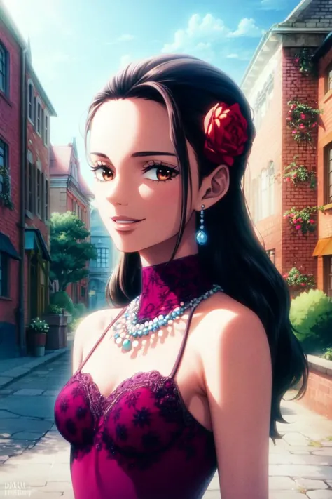 ultra realistic 8k cg, masterpiece, ((ultra detailed background, delicate pattern, intricate detail)), (highly detailed, fine details), best quality, (photorealistic:1.4),beautiful lighting, absurdres, RAW photo, film grain, Viola, 1girl, black hair, smile, long hair, solo, flower, jewelry, earrings, hair ornament, hair flower, brown eyes, dress, smile, brown hair, necklace, bare shoulders, beautiful detailed lips, (slim girl, medium breasts), (complex detailed background, outside, old city, brick buildings, small town environment, nature),<lora:BeautifulDetailedEyes:0.4>, <lora:DetailTweaker:0.5>, <lora:Viola:0.8>