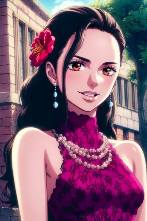 ultra realistic 8k cg, masterpiece, ((ultra detailed background, delicate pattern, intricate detail)), (highly detailed, fine details), best quality, (photorealistic:1.4),beautiful lighting, absurdres, RAW photo, film grain, Viola, 1girl, black hair, smile, long hair, solo, flower, jewelry, earrings, hair ornament, hair flower, brown eyes, dress, smile, brown hair, necklace, bare shoulders, beautiful detailed lips, (((medium breasts))), (complex detailed background, outside, old city, brick buildings, small town environment, nature, close-up, portrait),<lora:BeautifulDetailedEyes:0.4>, <lora:DetailTweaker:0.5>, <lora:Viola:0.8>