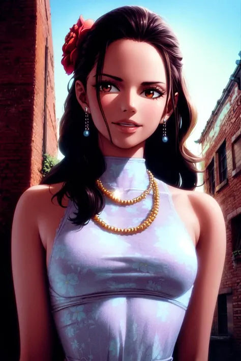 ultra realistic 8k cg, masterpiece, ((ultra detailed background, delicate pattern, intricate detail)), (highly detailed, fine details), best quality, (photorealistic:1.4),beautiful lighting,  absurdres, RAW photo, film grain, Viola, 1girl, black hair, smile, long hair, solo, flower, jewelry, earrings, hair ornament, hair flower, brown eyes, dress, smile, brown hair, necklace, bare shoulders, beautiful detailed lips, (medium breasts), (complex detailed background, outside, old city, brick buildings, small town environment, nature),<lora:BeautifulDetailedEyes:0.4>,  <lora:DetailTweaker:0.5>,  <lora:Viola:0.8>