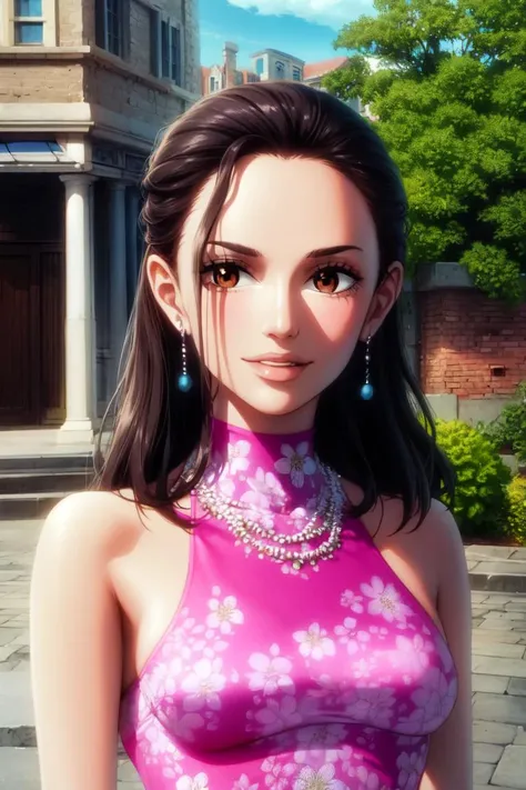 ultra realistic 8k cg, masterpiece, ((ultra detailed background, delicate pattern, intricate detail)), (highly detailed, fine details), best quality, (photorealistic:1.4),beautiful lighting, absurdres, RAW photo, film grain, Viola, 1girl, black hair, smile, long hair, solo, flower, jewelry, earrings, hair ornament, hair flower, brown eyes, dress, smile, brown hair, necklace, bare shoulders, beautiful detailed lips, (medium breasts), (complex detailed background, outside, old city, brick buildings, small town environment, nature),<lora:BeautifulDetailedEyes:0.4>, <lora:DetailTweaker:0.5>, <lora:Viola:0.8>