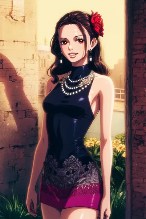 ultra realistic 8k cg, masterpiece, ((ultra detailed background, delicate pattern, intricate detail)), (highly detailed, fine details), best quality, (photorealistic:1.4),beautiful lighting, absurdres, RAW photo, film grain, Viola, 1girl, black hair, smile, long hair, solo, flower, jewelry, earrings, hair ornament, hair flower, brown eyes, dress, smile, brown hair, necklace, bare shoulders, beautiful detailed lips, (medium breasts), (complex detailed background, outside, old city, brick buildings, small town environment, nature),<lora:BeautifulDetailedEyes:0.4>, <lora:DetailTweaker:0.5>, <lora:Viola:0.8>