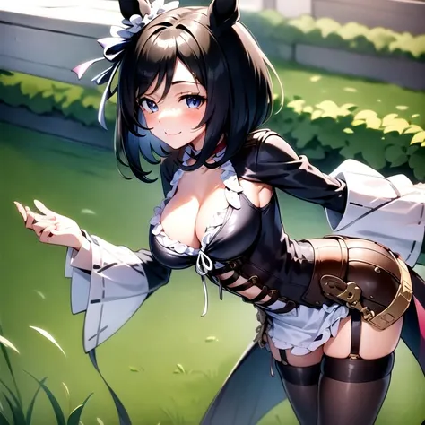 masterpiece, 8k wallpaper, best quality, 1girl, EishinFlash, <lora:EishinFlash>, smile, blush, looking at the viewer, grass, standing, short hair, medium breast,