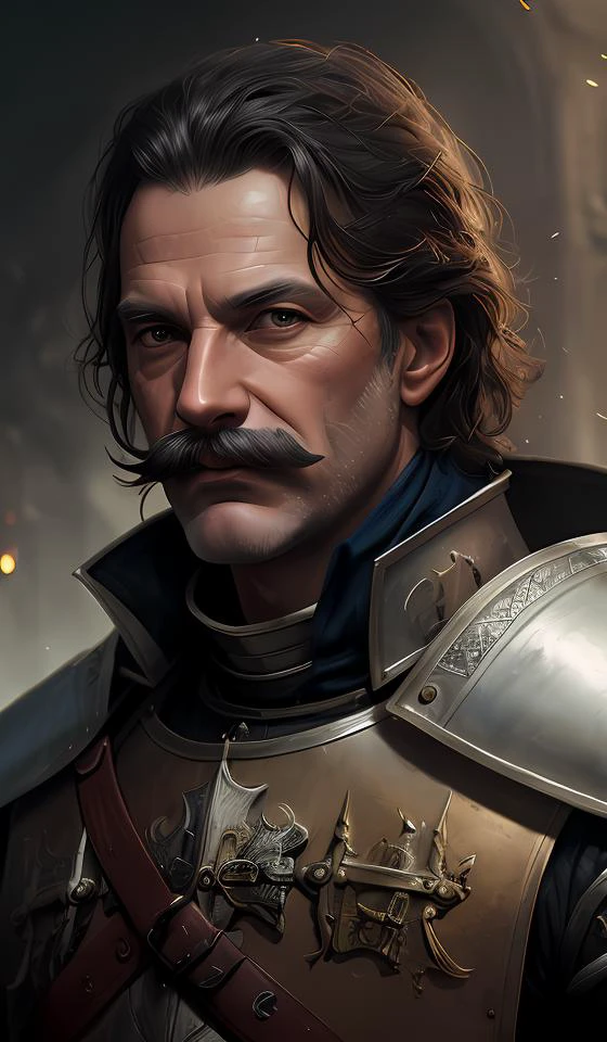 Portrait of an old knight with a large moustache, male, detailed face, fantasy, highly detailed, cinematic lighting, digital art painting by greg rutkowski