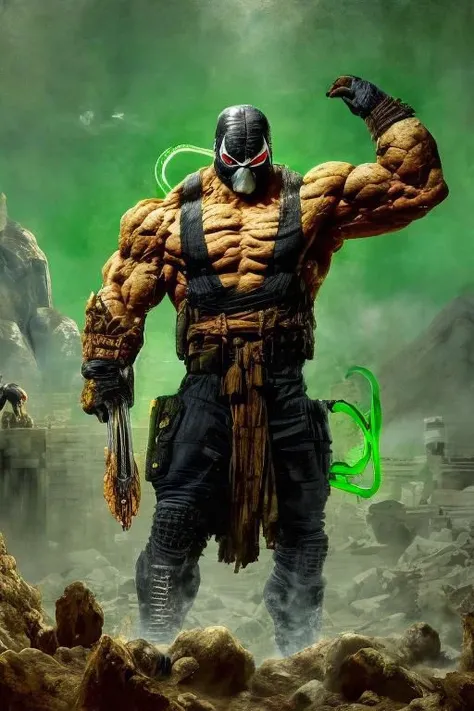 1 adult man, sharp focus, black white mask, green thick veins, green glowing tubes on arm and head, extremely large muscular man, red glowing eyes, gloves, black tank top, pants, boots, armor
(oil painting, classic painting, aesthetic, 8k)
backdrop is sumerian, scenery, building, temple, ziggurat, pyramid, palace, monumental architecture, city, cityscape, nisroch,