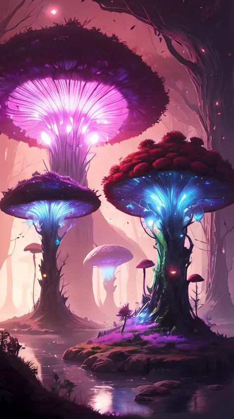 bioluminescent mushroom forest, digital art, concept art, fantasy art, highly detailed, hd wallpaper, artstation, deviantart, behance