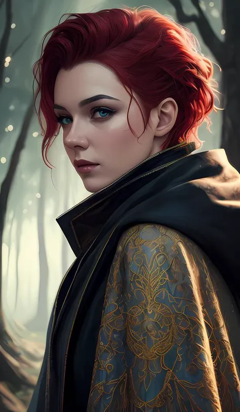 cinematic side portrait rugged female angel, adventurer outfit large cloak, fantasy forest landscape, dragon scales in hair, fantasy magic, undercut hairstyle, short red black fade hair, dark light night, intricate, elegant, sharp focus, illustration, highly detailed, digital painting, concept art, matte, art by WLOP and Artgerm and Greg Rutkowski and Alphonse Mucha, masterpiece