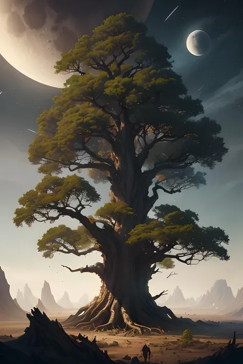 a tree that reaches the moon and the starts with its roots destroying the surface of the earth, mesmerizing, fantastical, concept art, highly detailed, artstation, trending, feng zhu, shaddy safadi, noah bradley, tyler edlin, jordan grimmer, darek zabrocki, neil blevins, tuomas korpi