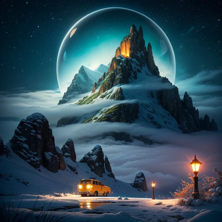 amazing quality, masterpiece, best quality, hyper detailed, ultra detailed, UHD, depth of field, mountains snowy peaks, (green butterfly), parking on (red floret), night, magic mountains, fog, firefly, transparent and polishing ral-ntrgmstn, on side, darkness, glowing, (dazzling light:1.2), water droplets after rain,