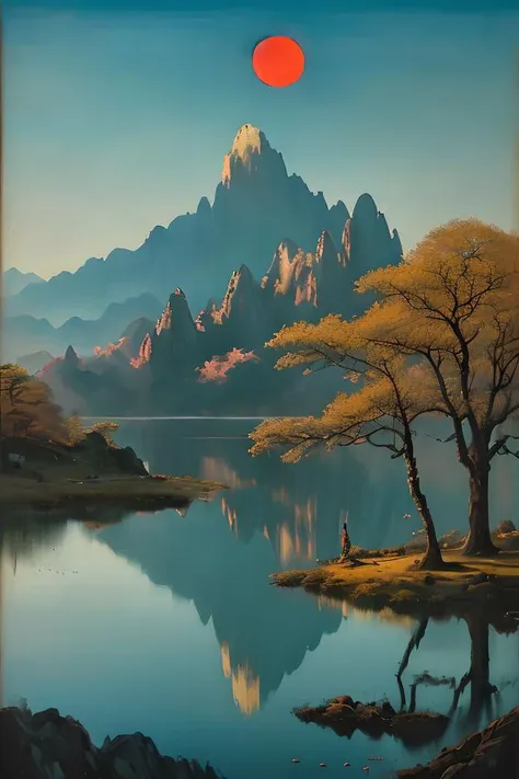 guofeng,chinese style,((summer, Huangshan National Park,painting antient arts style,traditional Chinese painting,painting lake and mountain landscape, mountain reflection on lake surface)),Painting,Volumetric sun Lighting,((high quality:1.2, masterpiece:1.2)),oil landscape,extreme wide perfect composition,(("Mysterious, Enigmatic and Intriguing landscape")),