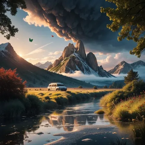 amazing quality, masterpiece, best quality, hyper detailed, ultra detailed, UHD, depth of field, mountains snowy peaks, (green butterfly), parking on (red floret), night, magic mountains, fog, firefly, transparent and polishing ral-ntrgmstn, on side, darkness, glowing, (dazzling light:1.2), water droplets after rain,