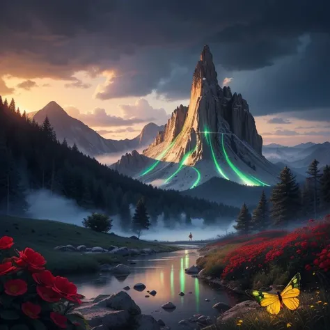 amazing quality, masterpiece, best quality, hyper detailed, ultra detailed, UHD, depth of field, mountains snowy peaks, (green butterfly), parking on (red floret), night, magic mountains, fog, firefly, transparent and polishing ral-ntrgmstn, on side, darkness, glowing, (dazzling light:1.2), water droplets after rain,