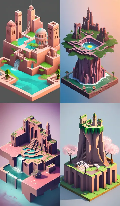 a cute little matte low poly isometric cherry blossom forest island, pink waterfalls, mist, lat lighting, soft shadows, trending on artstation, 3d render, monument valley, fez video game,