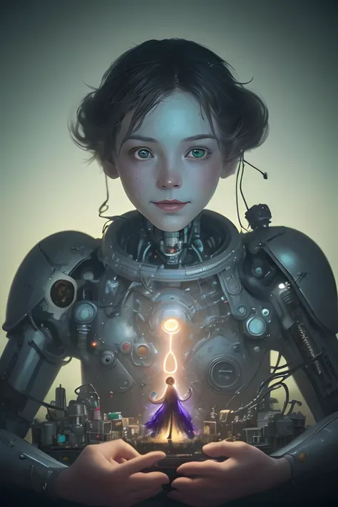 a surreal Bioluminescent, very very very cute Silene in a happy world by Daniel Merriam,portrait512 Cyborg512 Tay512, electronics, motors, wires, buttons, lcd, Trending on Artstation, oil on Canvas by Elena Zhurikhina and Goro Fujita and Charlie Bowater(analog film:1.3) (vhs ) (photorealistic) (screencap) (cinematic lighting) (sharp focus) (80sDarkFantasySD15b:1.0),,natural lights, photorealism, cinematic,, octane render, 4k, 8k, HD,