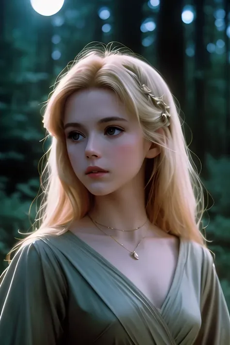 princess blonde hair royalty standing dark forest moonlight studio (analog film:1.3) (vhs movieotorealistic) (screencap) (cinematic lighting) (sharp focus) (80sDarkFantasySD15b:1.0),
