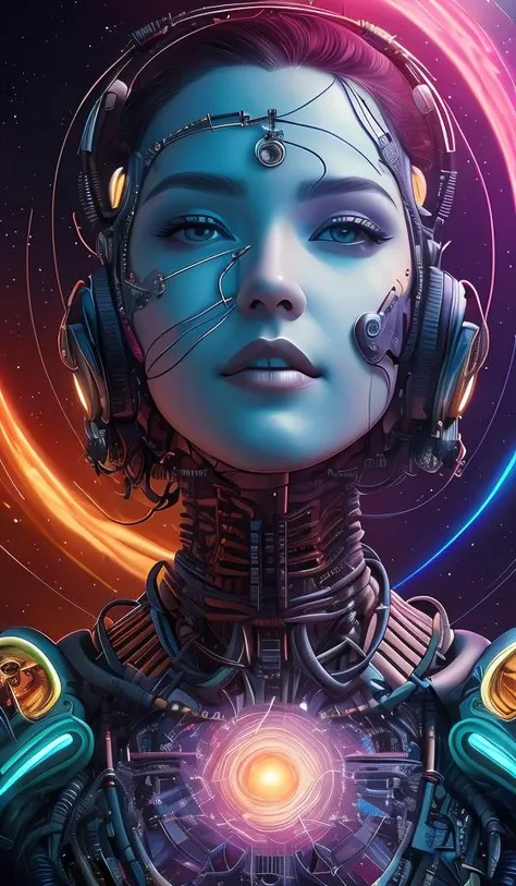 portrait of beonic goddess wearing epic bionic cyborg implants of different vibrant colors, detailed intricate ornate cables connected to head, portrait front face reference, by dan mumford and naoto hattori, extremely beautiful and proportionate, masterpiece, intricate, highly detailed, digital painting, matrix theme, artstation, concept art, crepuscular rays, smooth, sharp focus, illustration, background made from fractals of vibrant universe stars, cyberpunk colors, volumetric lighting, art by artgerm and james jean and nick sullo