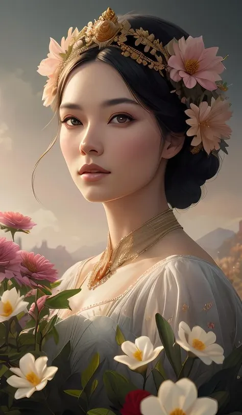 a beautiful portrait of an empress in her garden, with a brilliant, impossible striking big flower headpiece, clothes entirely made out of flowers, symmetrical, closeup, dramatic studio lighting, rococo, baroque, jewels, asian, hyperrealism, D&D, fantasy, intricate, elegant, highly detailed, digital painting, artstation, octane render, 8k, concept art, matte, sharp focus, illustration, art by Artgerm and Greg Rutkowski and Alphonse Mucha