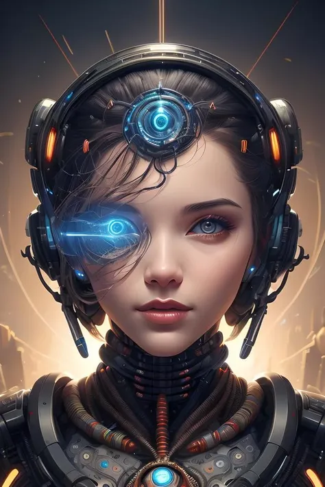 portrait of beonic goddess wearing epic bionic cyborg implants of different vibrant colors, detailed intricate ornate cables connected to head, portrait front face reference, by dan mumford and naoto hattori, extremely beautiful and proportionate, masterpiece, intricate, highly detailed, digital painting, matrix theme, artstation, concept art, crepuscular rays, smooth, sharp focus, illustration, background made from fractals of vibrant universe stars, cyberpunk colors, volumetric lighting, art by artgerm and james jean and nick sullo