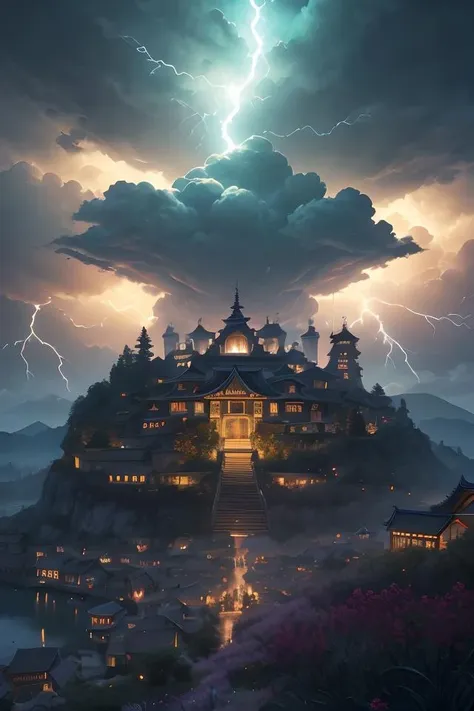 a photo of a izuku skyline with a huge psychedelic cloud growing on him, jagged plants, volumetric lightning by yoshitaka amano, vitalik, bouguereau, artgerm, retro, eco design, concept art by peter lloyd, shia zhang Jia and icardo (leus:1.33), ((small rocky village at night)) lit by a glowing neon light, surreal, sharp focus, grain effect, centered in frame, syd meade