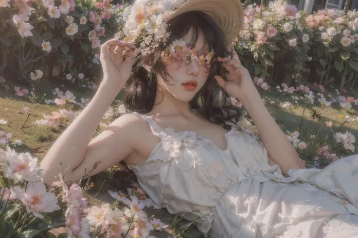holding petal, flower hat, tropical, falling petals,1girl,long hair,flower mask,(girl lying in a flower field:1.2),heart background, timestamp, hat flower, seasons, emoticon, flower \(symbol\), fine art parody, summer, colorful, flower bed, floral print ,white dress,<lora:Asian girls faceV2:0.5> <lora:sd-No.176-000014:0.8:FACE>