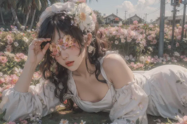 holding petal, flower hat, tropical, falling petals,1girl,long hair,flower mask,(girl lying in a flower field:1.2),heart background, timestamp, hat flower, seasons, emoticon, flower \(symbol\), fine art parody, summer, colorful, flower bed, floral print ,white dress,<lora:Asian girls faceV2:0.5> <lora:sd-No.176-000014:0.8:FACE>