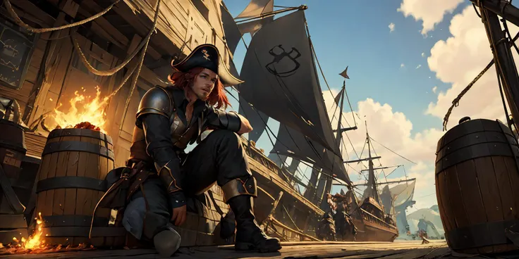 HEZI,LOL,\\\(lol style\\\),game cg,1boy,red hair,armor,male focus,sitting,solo,gloves,boots,pants,smoke,helmet,pirate hat,outdoors,shoulder armor,scenery,fire,weapon,barrel,ship,multiple boys,2boys,<lora:LOLæ¯å°åæ²ç¹(8bit)-000015:0.6>,