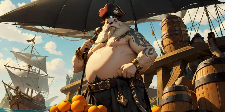 HEZI,LOL,\\\(lol style\\\),game cg,ring,food,ship,fruit,watercraft,jewelry,1boy,beard,sky,cloud,pirate,male focus,furry male,furry,solo,day,facial hair,orange \(fruit\),outdoors,fat,belt,tattoo,weapon,fat man,sword,black nails,bracelet,nail polish,red eyes,blue sky,barrel,mandarin orange,umbrella,white hair,hat,mast,animal ears,knife,teeth,<lora:LOLæ¯å°åæ²ç¹(8bit)-000015:0.6>,