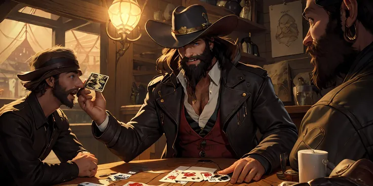 HEZI,LOL,\\\(lol style\\\),game cg,hat,beard,card,male focus,facial hair,glowing,mature male,black hair,multiple boys,long hair,blue eyes,glowing eyes,smile,looking at viewer,cowboy hat,holding,upper body,muscular male,teeth,holding card,1boy,muscular,light,long sleeves,short hair,brown hair,indoors,jacket,open mouth,bara,playing card,hand on headwear,shirt,3boys,closed mouth,solo,solo focus,<lora:LOLæ¯å°åæ²ç¹(8bit)-000015:0.6>,