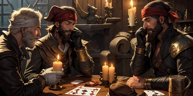 HEZI, LOL, \\\(lol style\\\), game cg, beard, facial hair, card, hat, multiple boys, 3boys, male focus, jewelry, earrings, bottle, indoors, smile, black hair, hoop earrings, playing card, mustache, holding, table, headband, pirate, candle, old, white hair, closed eyes, short hair, tattoo, food, gloves, old man, brown hair, hand on own chin, sitting, black headwear, bandana, mature male, cup, long sleeves, holding card, armor, fire, leather, looking at another, belt<lora:LOLæ¯å°åæ²ç¹(8bit)-000015:0.6>,
