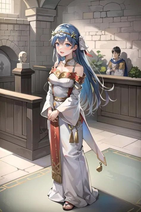 (masterpiece,best quality),1girl,solo,elicefe,long hair,medium breasts,white dress,bare shoulders,detached sleeves,jewelry,earrings,hair ornament,circlet,((arms at sides)),((looking at viewer)),full body,sandals,:d,(indoors,in medieval castle,stone walls:1.1), <lora:EliceFE:0.7>