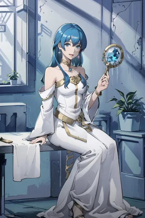 (masterpiece,best quality),1girl,((solo)),elicefe,long hair,bright blue hair,medium breasts,white dress,bare shoulders,detached sleeves,jewelry,earrings,,circlet,((arms at sides)),sitting,holding staff,at table,,full body,sandals,:d,(indoors,crystalline walls:1.2), <lora:EliceFE:0.85>, <lora:LORA-XenoDetailer-v2:0.1>