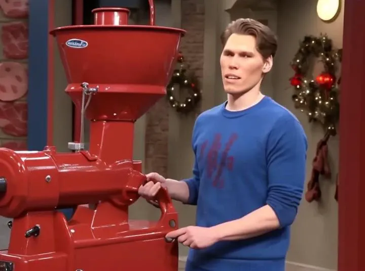 germy still frame of jerma985 in an episode of icarly where's jerma has moved a ((large industrial meat grinder)) into the center of the stage and is standing next to it
