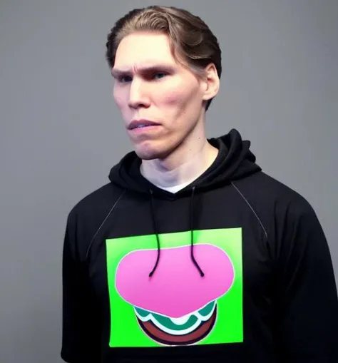 germy photo of jerma985 frowning and sad while in the center and wearing a bright neon pink hoodie with a photo of a delicious cheeseburger printed on the front